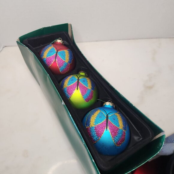 Set of 3 North Pole Hand Blown Glass Ornaments Hand Painted Glitter Butterfly - Picture 3 of 4